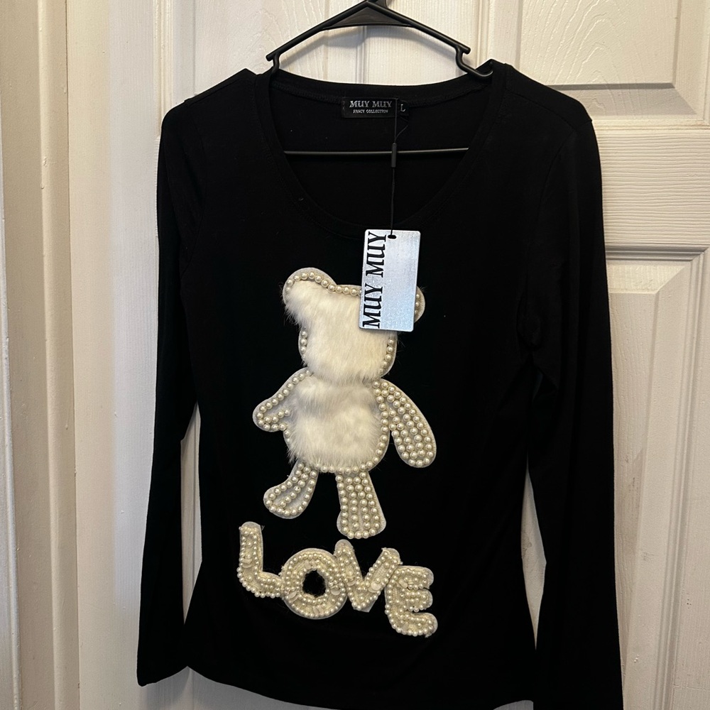 Black Long Sleeve Top with Pearl Bear Design